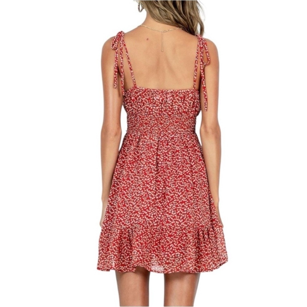 Princess Polly Red Floral Smocked Mini Dress Adjustable‎ Tie Shoulder Beach Vibe - Picture 2 of 11